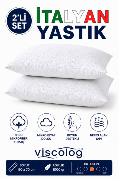 2 Li İtalyan 1000gr Microfiber Orta Sertlikte Boyun Destekli Rahat Nefes Alan Yastık 50x70