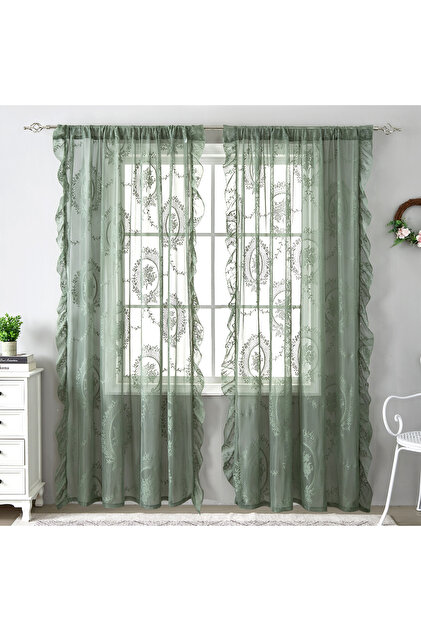 Fixed Pleat 140x260cm green French Retro Green Ruffled Lace Sheer Tulle Curtains For Girls Room Livi