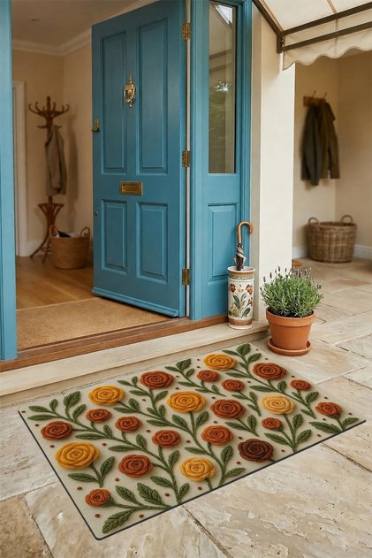 Warm Knots Embroidered Roses Themed Welcome Digital Printed Doormat 45X70Cm