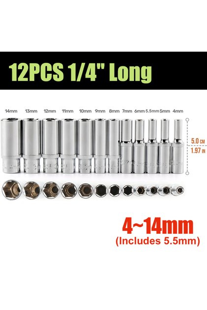 12pcs Long 1/4inch Drive Hex Socket Set Metric Deep Long and Short Socket Set From 4mm to 14mm Chrom