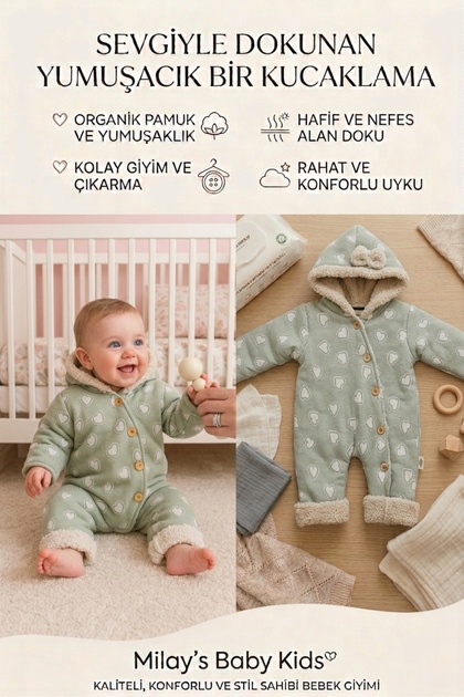 0-3 Ay Kız Bebek Içi Kuzu Astarlı Dışı Jakarlı kalp Nakışlı Düğmeli Kapşonlu Tulum