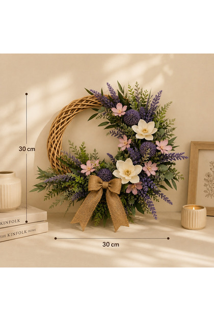 Rustik Bohem Hasır Kapı Süsü 30x30 cm | Lavanta Çiçekli Duvar Dekoru