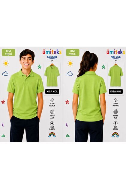 Unisex Polo Collar Short Sleeve Apple Green School T-Shirt