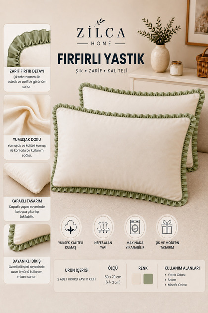 Green Ruffled Pillowcase Set of 2 50X70 cm – with Cover, Without Zipper, Cream