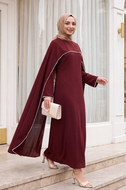 İnci Detaylı Çıkarılabilir Pelerinli İspanyol Kol Astarlı Krep Maxi Abaya Elbise -Bordo