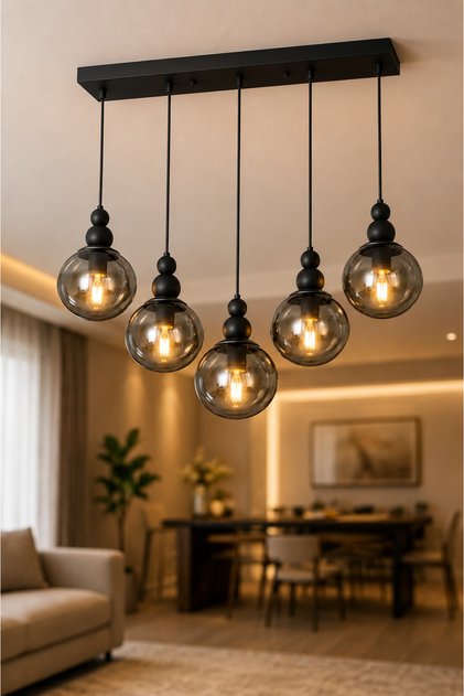 Snowman 5-In-A-Row ✨ Black Body with Smoked Glop Glass ✨ Ceiling Mounted Living Room Chandelier Glass Chandelier ✨ Modern Chandelier Models Lighting Ceiling Lighting Dining Table Top Chandelier Lighting