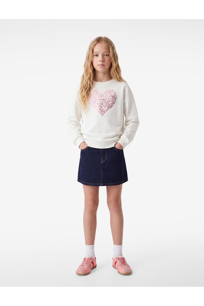 Heart Detailed Sequined Crew Neck Long Sleeve Sweatshirt