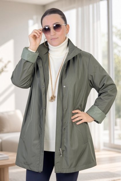 Removable Hooded Snap and Zipper Closure Imported Bonded Fabric Extra Large Size Trench Coat