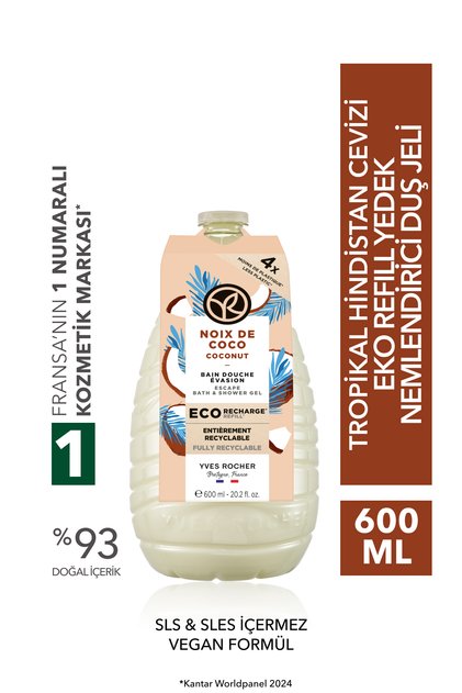 Eko Refill Replacement Shower Gel - Moisturizing Tropical Coconut - Sls, Sles Free, Vegan - 600ml