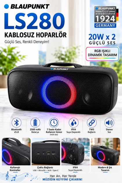 LS280 Bluetooth Hoparlör Siyah 40W Taşınabilir Kablosuz Ses Bombası IPX4 Suya Dayanıklı TWS USB AUX