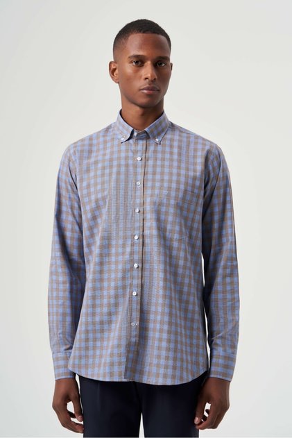 Regular Fit Long Sleeve Pasha Collar Plaid Coffee Men's Shirt