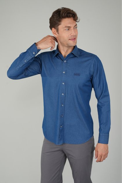 Indigo Regular Fit Cotton Denim Long Sleeve Sport Shirt