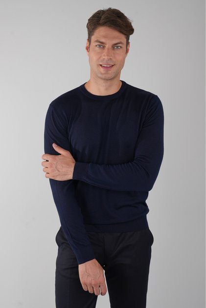 Navy Blue Regular Fit Wool Crew Neck Knitwear