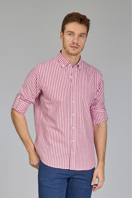 Red Regular Fit Cotton Striped Pascha Collar Shirt