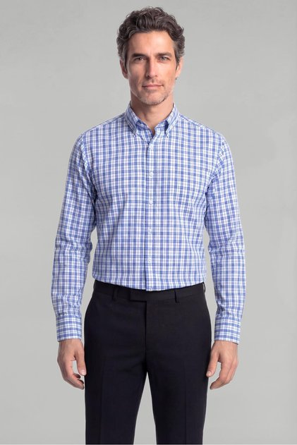 Blue Regular Fit Cotton Pocketless Long Pasha Collar Shirt