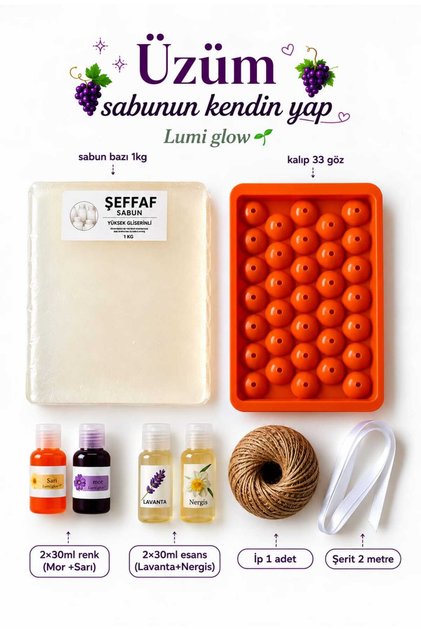 Üzüm salkım Sabun Bazı Yapım 2 Seti-1kg şeffaf Bazı -1 Plastik kalıp-2Boya-2Esens_jüt ip_kurdele Dahil