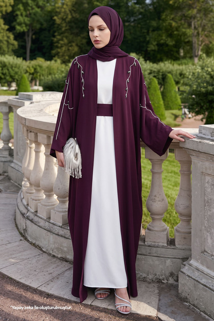 Ivy Pattern Stone-Embellished Dress Abaya Plum