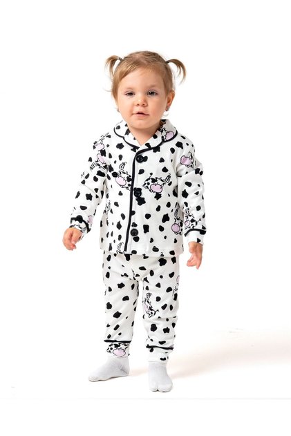 Unisex Baby & Kids Cow Figured Buttoned 100% Cotton Pajama Set