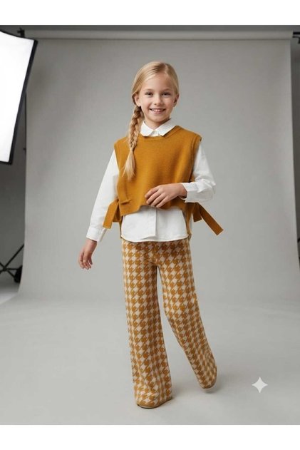 Girl's Brown Knitwear Sweater White Shirt Houndstooth Pattern Trousers 3-Piece Set