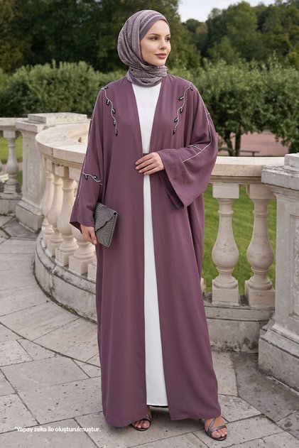 Ivy Pattern Stone Embellished Dress Abaya Dusty Rose