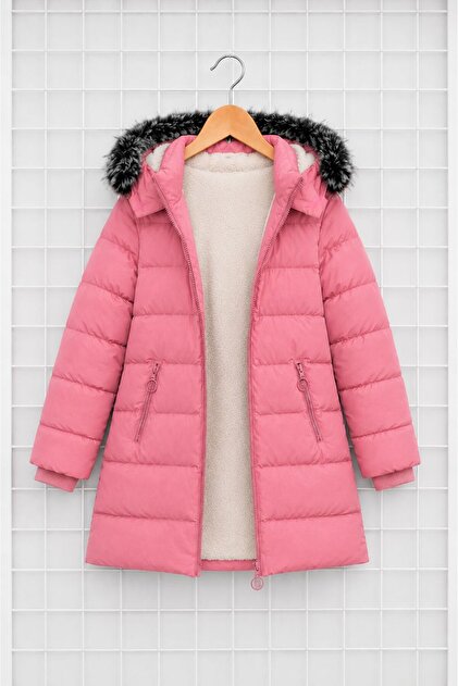 Girl's Pink Puffer Coat Hooded Fur Winter Long Model