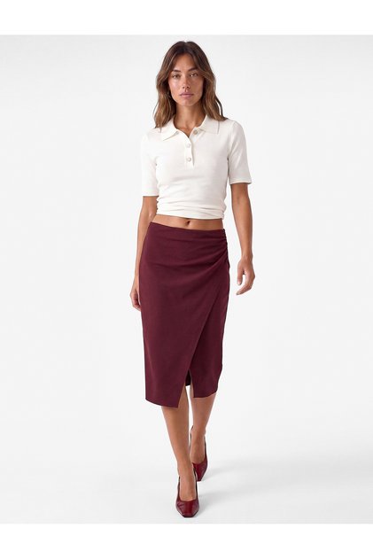 Regular Fit Slit Double-Breasted Draped Midi Length Pencil Skirt