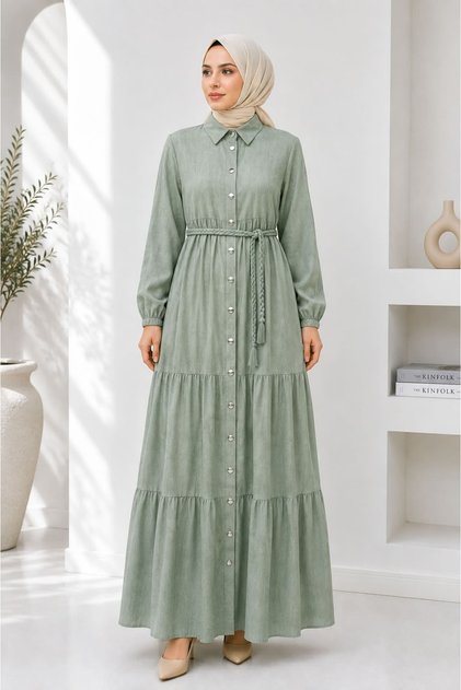 Tencel Fabric Knitted Belted Shirt Collar Buttoned Full-Length Dress