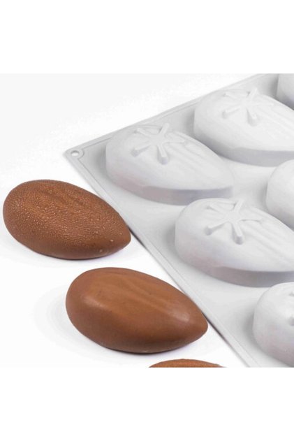 Nova Silicon 9-Cavity Almond-Shaped Non-Stick Silicone Chocolate, Cake, and Praline Mold, with Each Compartment Measuring 66 mm in Diameter.