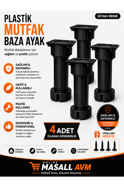 Mutfak baza ayak 10mm plastik 4 adet siyah dolap,şifonyer,komidin,vestiyer,konsol ve mutfak dolabı