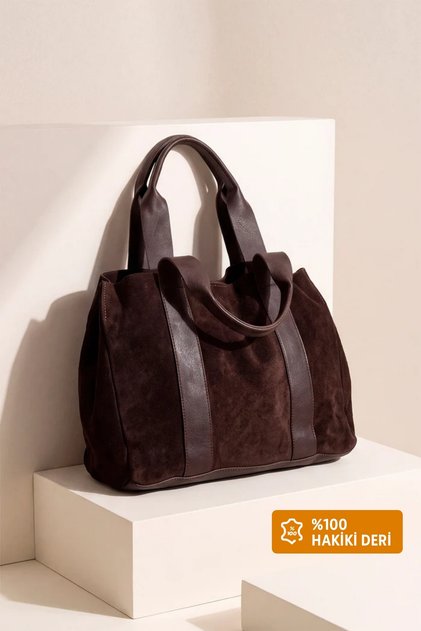 Women's Genuine Leather Suede Textured Wide Form Double Handle Stripe Detailed Daily Shoulder Bag Sorel Brown Suede