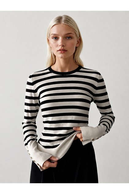 Striped Buttoned Sleeve Knit Blouse
