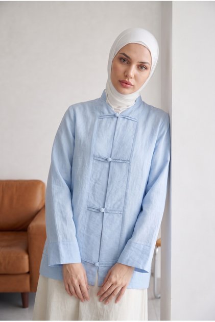 Biye Düğmeli V Yaka Vual Düşük Omuzlu Tesettür Oversize Kimono - Bebe Mavi