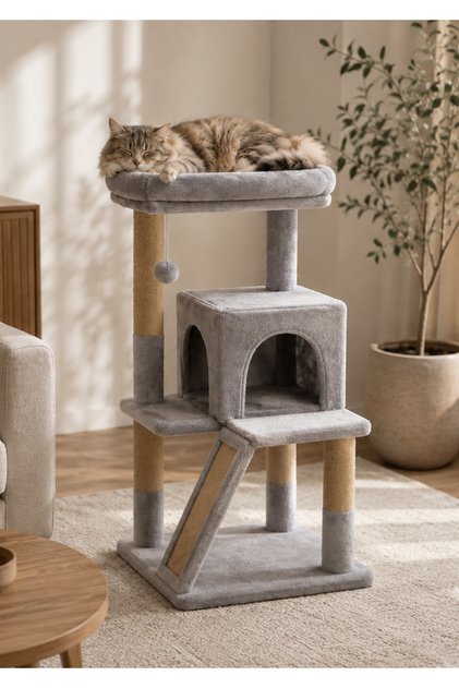 Teraslı Dekoratif Kedi Tırmalama Evi