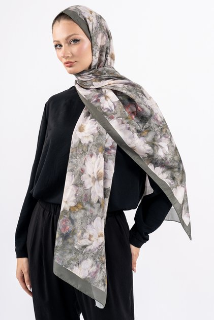 Flower Pattern Cotton Shawl, Imported Fabric, High Quality & New Season Shawl, Rosea Collection "Green-Stone"