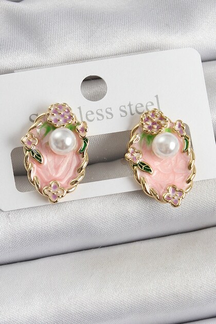 Brass Pink Enamel Pearl Detailed Artistic Portrait Model Gold Color Women's Earrings
