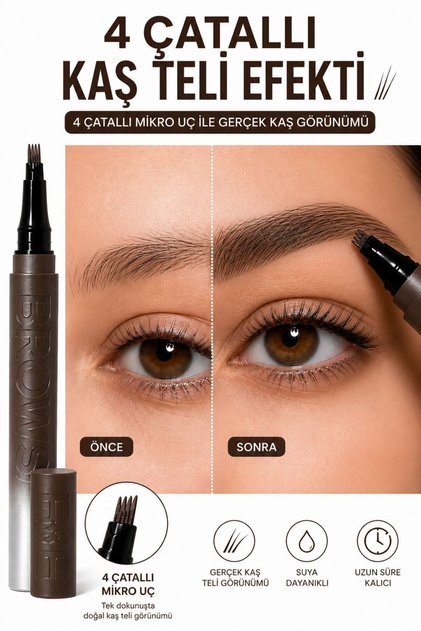 Koyu Kahve Kaş Teli Efektli Waterproof Likit Kaş Tattoo Kalem - 4 Çatallı Mikro Uç - Uzun Süre Kalıcı