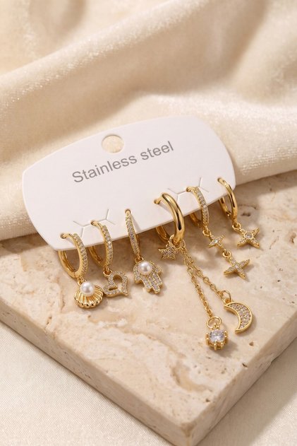 316L Steel Gold Color Chain Detailed Zircon Stone Women's Earring Set