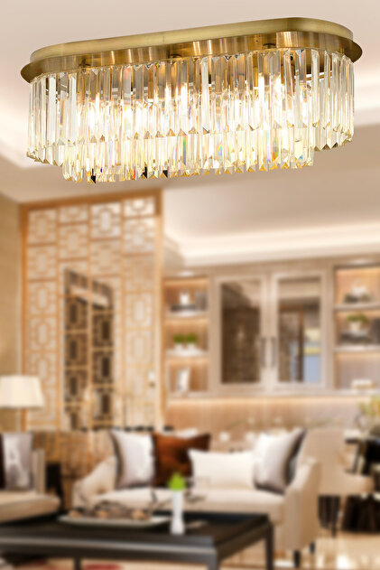 Nilüfer Dikdörtgen Eskitme Kristalli Taşlı Modern Tasarım Yemek Masa Üstü Kristal Salon Avize