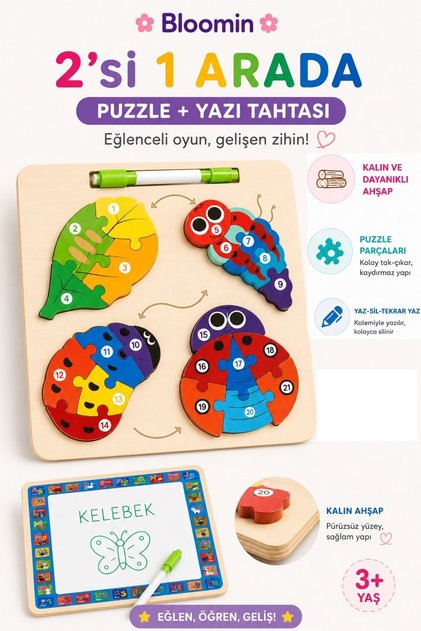 Educational Wooden Toy Themed Puzzle - Bultak and Erasable Writing Board (Pen Included) for Children and Babies