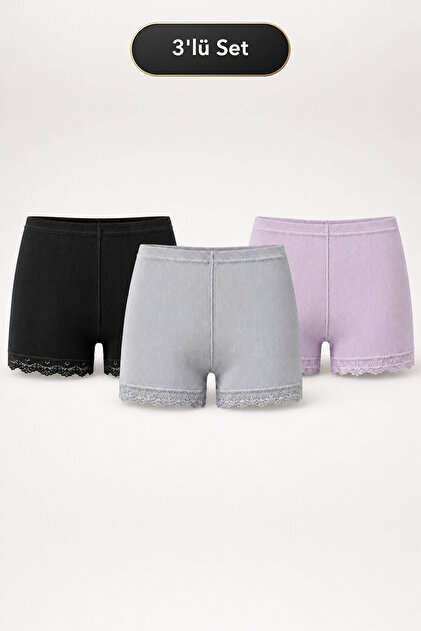 Women's 3-Piece Lace Long Ribbed Boxer Shorts - Cotton Stretch Ribbed Underwear Set (Black, Grey, Lilac) m