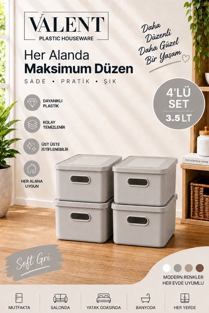 Nero 3.5 Lt 4'lü Çok Amaçlı Kapaklı Organizer Kutu Makyaj Banyo Mutfak Oyuncak Düzenleyici Gri