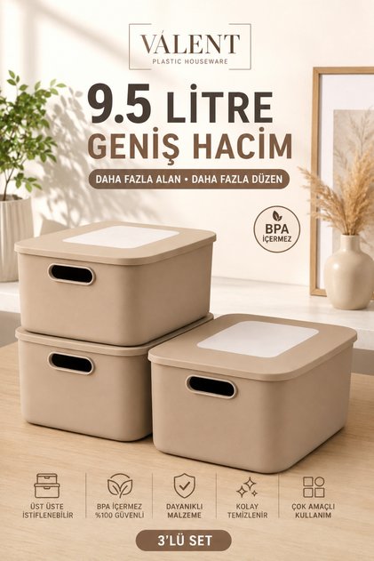 Nero 9.5 Lt 3'lü Çok Amaçlı Kapaklı Organizer Kutu Makyaj Banyo Mutfak Oyuncak Düzenleyici Sütlü Kahve