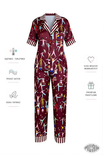 Dance of Life Kadın Saten Pijama Takımı İnsan Figürlü Kısa Kollu Bordo