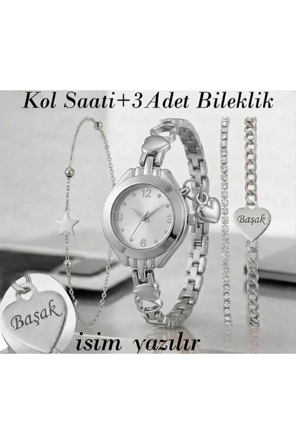 Kadın Kol Saati Kişiselleştirilebilir. + 3 ADET BİLEKLİK-ALTIN+GÜMÜŞ Renk Kadın Kol Saati