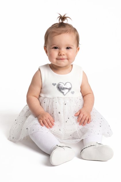 Baby Girl White Tulle Piece Heart Bodysuit Dress