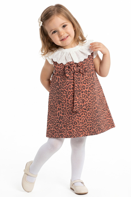 Girl's White Tile Leopard Patterned Single Bow Denim Dress