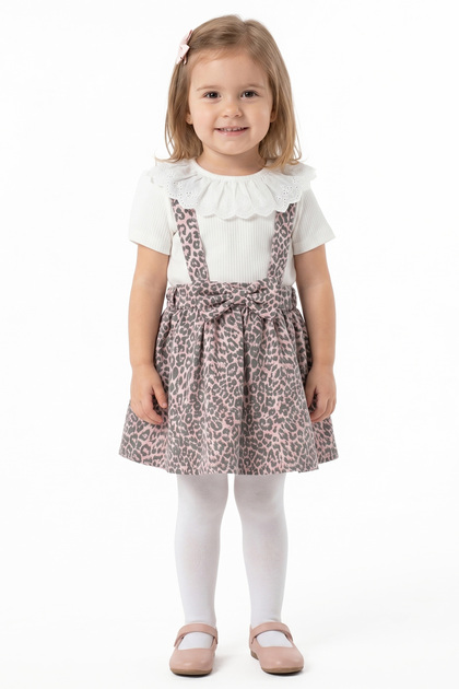Girl's White Pink Leopard Patterned Bow Denim Salopet Gilet Dress