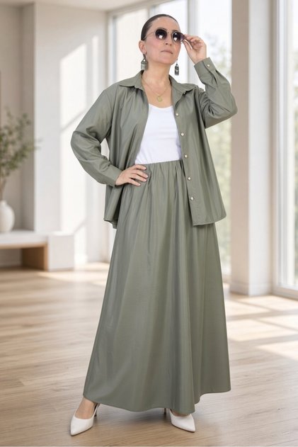 Button-Front Long Sleeve Shirt with Elastic Waist Pocket Pocketed Sh Skirt Modal Modal Sh Double Suit