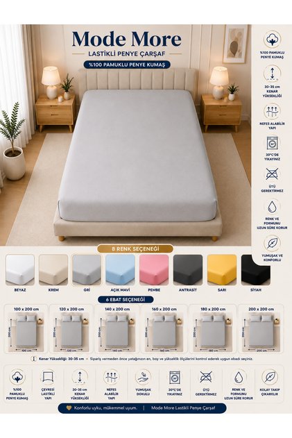 Gray Colored 100% Cotton Combed Elastic Bed Sheet 30-35 cm High Edge (Single - Double - King and King Size)