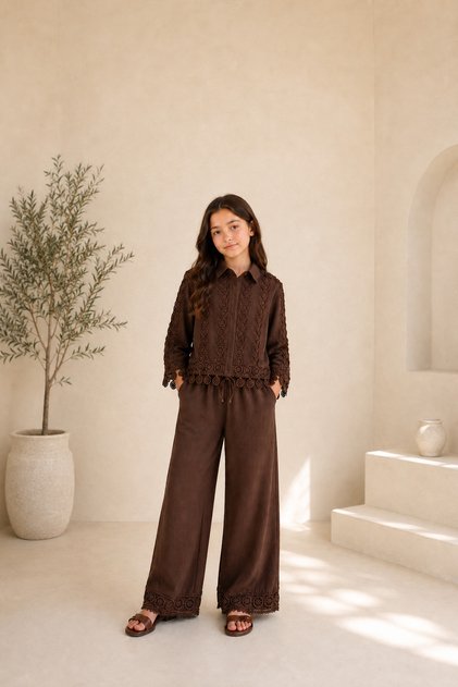 Girl's Lace Shirt and Pants Set – Guipure Detailed, Lace-Up, Wide Leg 2-Piece Set